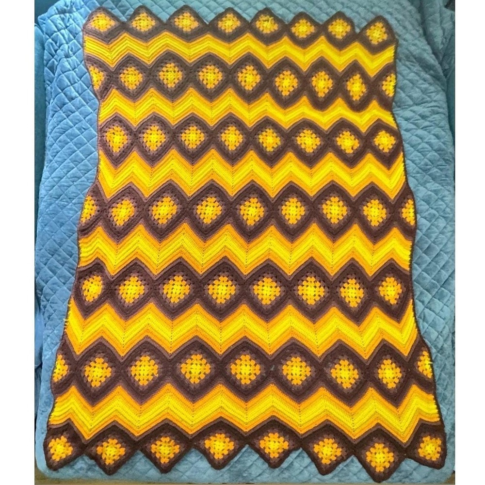 VTG 70s Throw Handmade Crochet Chevron Granny Square Yellow Brown Orange 52"x68"